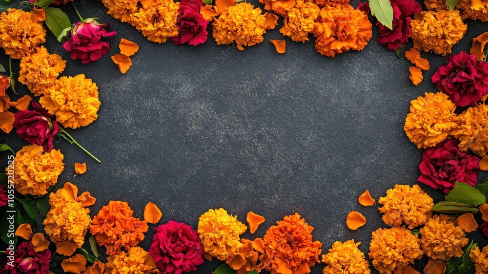 Naklejka premium Day of the Dead frame with marigold and rose flowers on dark background with copy space