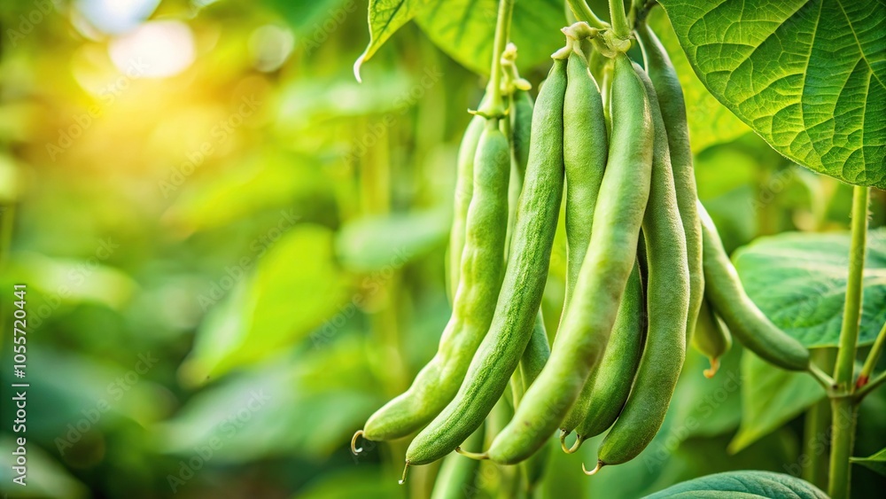Healthy green bean hanging on a bean plant with shallow depth of field Healthy green bean hanging on a bean plant with shallow depth of field