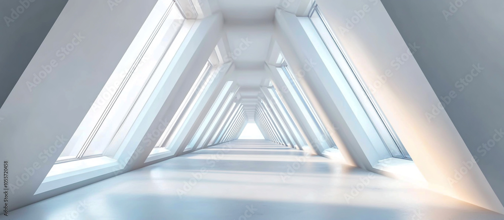 Abstract white background with a long triangular corridor, minimalist interior design. Abstract white background with a long triangular corridor, minimalist interior design.