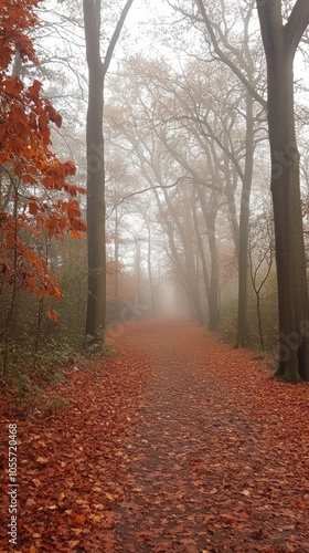 misty autumn morning in a dense forest, orange and red leaves on trees, a path covered with fallen leaves