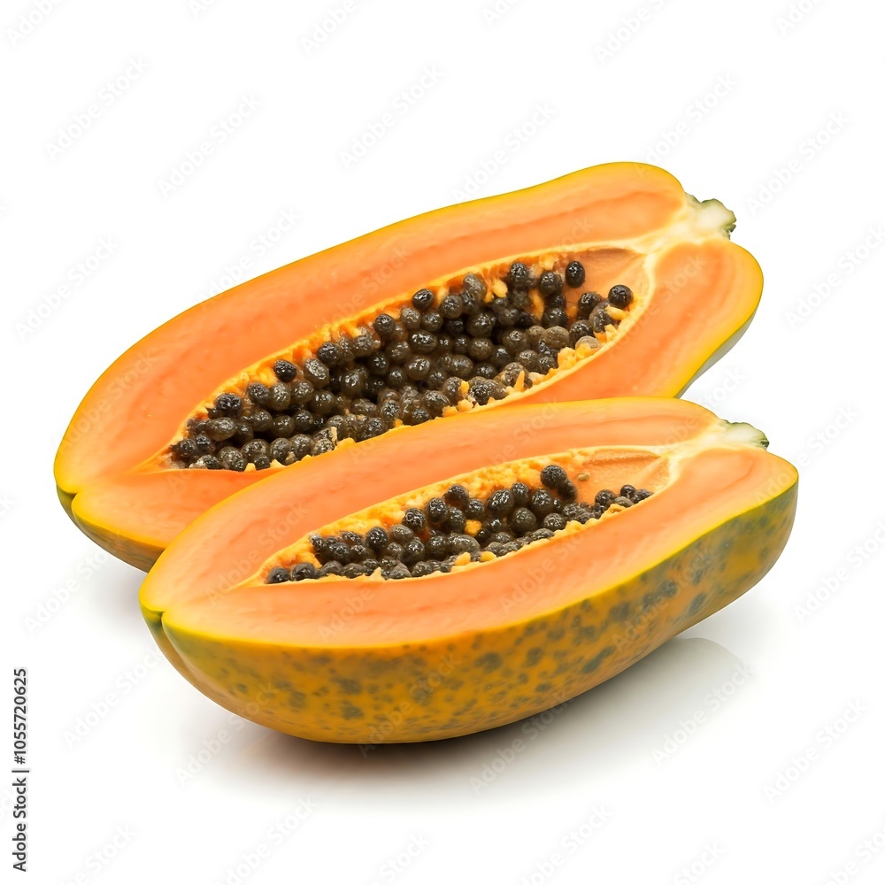 Two papaya halves, orange flesh, black seeds, white background. Fresh, vibrant, tropical. Two papaya halves, orange flesh, black seeds, white background. Fresh, vibrant, tropical.