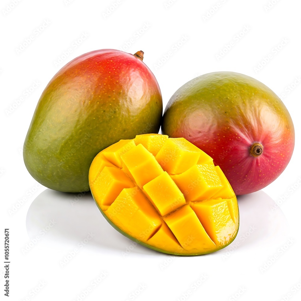 Two whole mangoes and one sliced, showing juicy yellow flesh. White background. Two whole mangoes and one sliced, showing juicy yellow flesh. White background.