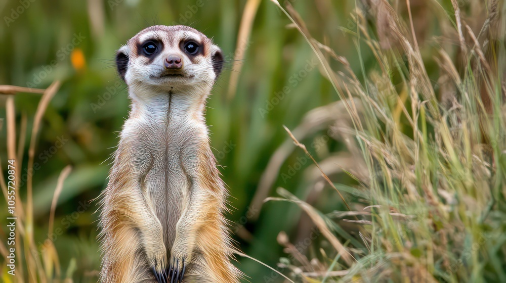 Fototapeta premium A meerkat standing upright among tall grass, showcasing its alert posture.