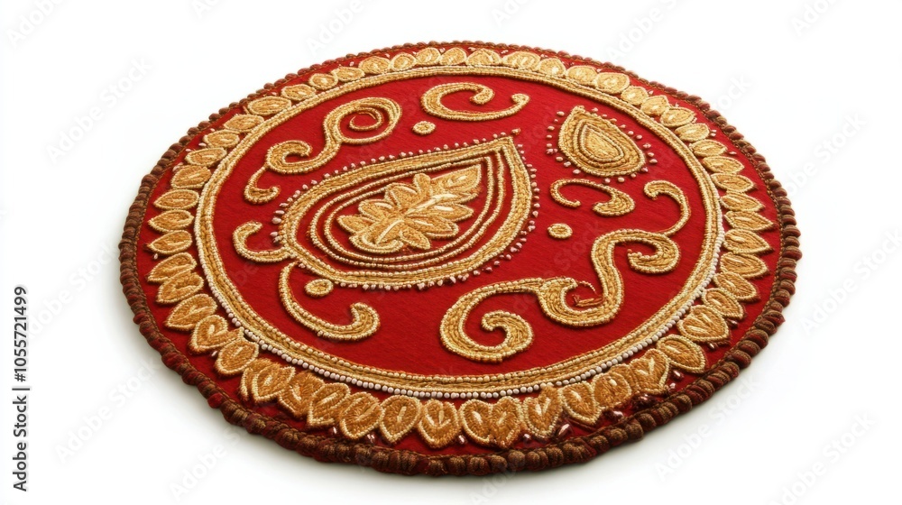 Elegant rangoli in red and gold tones with paisley details, highlighting Indian culture, isolated on white Elegant rangoli in red and gold tones with paisley details, highlighting Indian culture, isolated on white