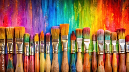 Vibrant row of artist paint brushes on colorful background for creative projects