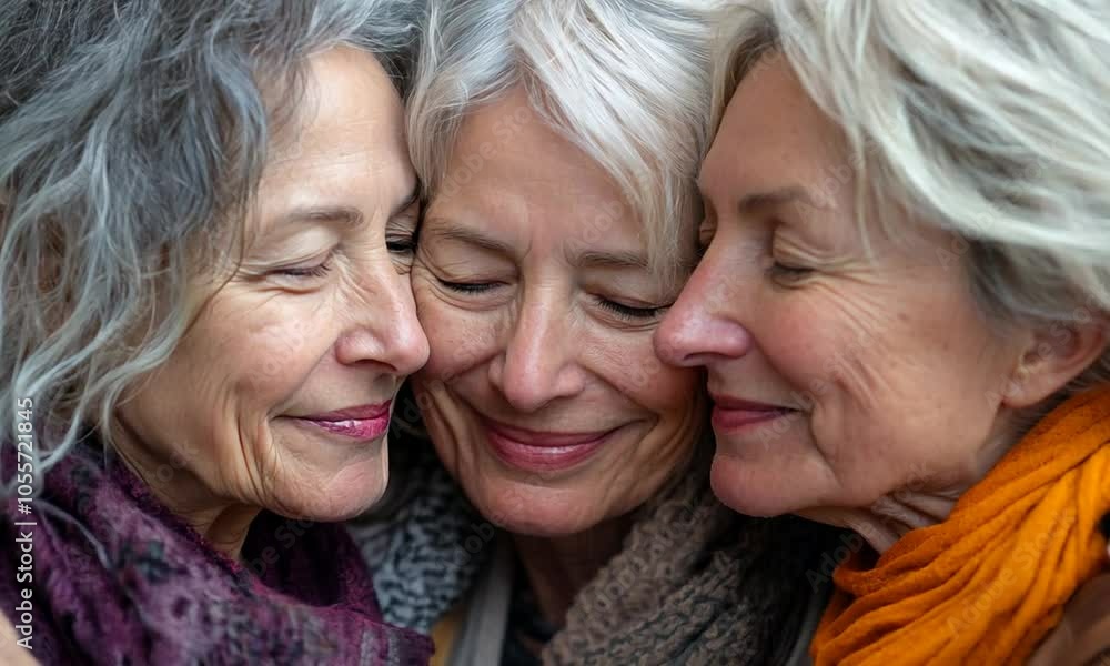 Three women embracing, sharing a joyful moment together. Three women embracing, sharing a joyful moment together.