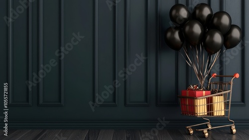 Elegant black balloons and gift basket a stylish celebration setup against a dark wall for party lovers