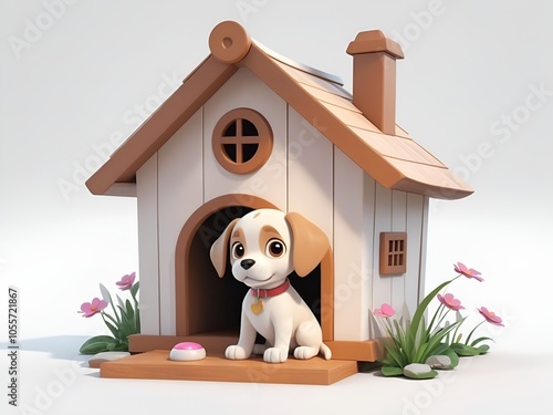 3d cartoon puppy with dog house cage