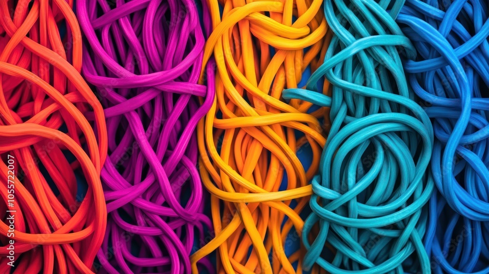 A close-up of four brightly colored rubber bands tangled together. A close-up of four brightly colored rubber bands tangled together.