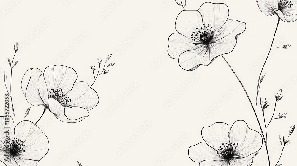 A delicate black and white illustration of flowers with fine line details. A delicate black and white illustration of flowers with fine line details.