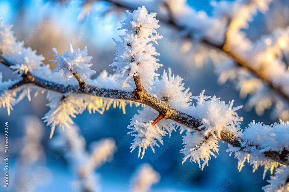 Close-up of delicate frost crystals covering a bare tree branch, icy, nature, hoarfrost Close-up of delicate frost crystals covering a bare tree branch, icy, nature, hoarfrost
