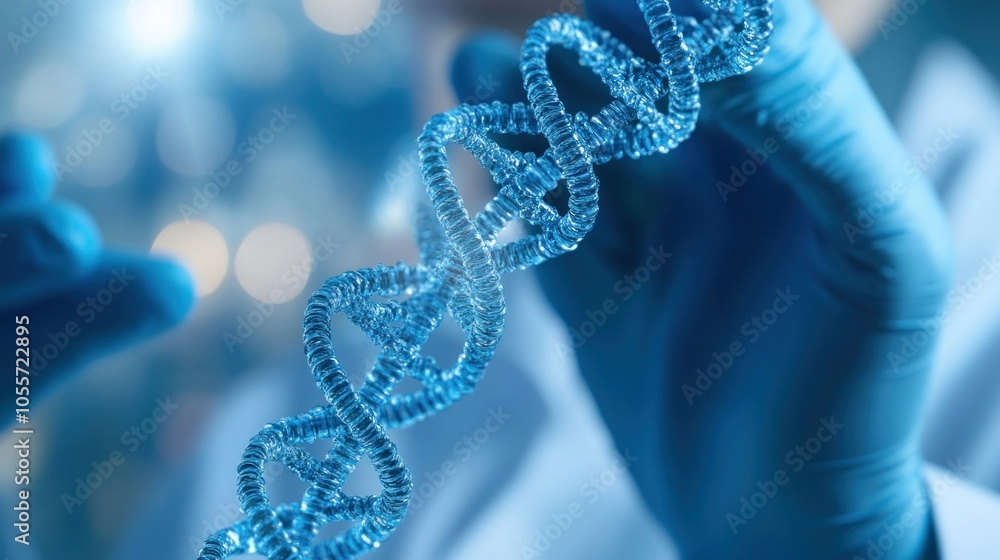 A Scientist Holding a 3D Model of DNA in Blue Tones A Scientist Holding a 3D Model of DNA in Blue Tones