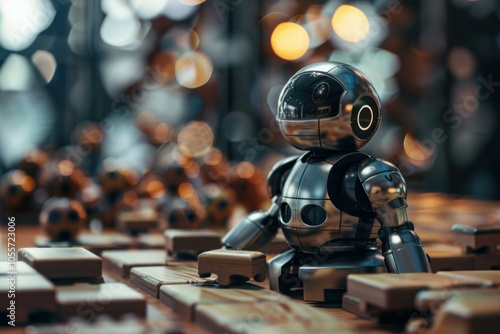 Wallpaper Mural Silver robot is sitting at a table and looking at wooden blocks Torontodigital.ca