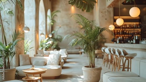 Hotel bar and restaurant, luxurious, with wall plants and neutral finishes.