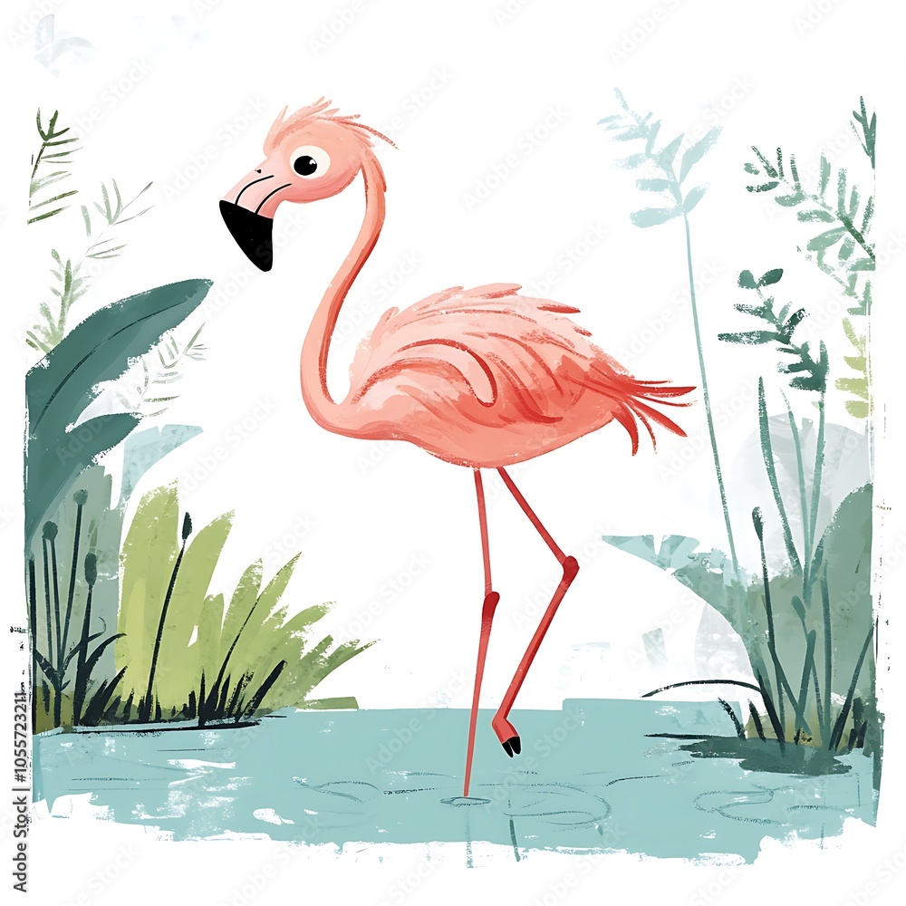 Fototapeta premium A cartoon flamingo standing on one leg on a white background.
