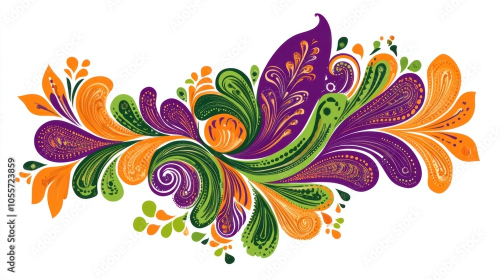 Fototapeta premium Rangoli design in purple, orange, and green with swirling patterns, creating a lively and artistic look, isolated on white