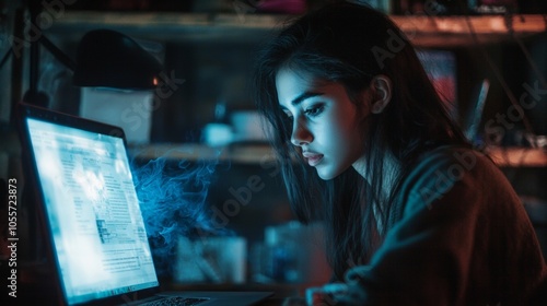 Focused woman working late on a laptop with blue light glow