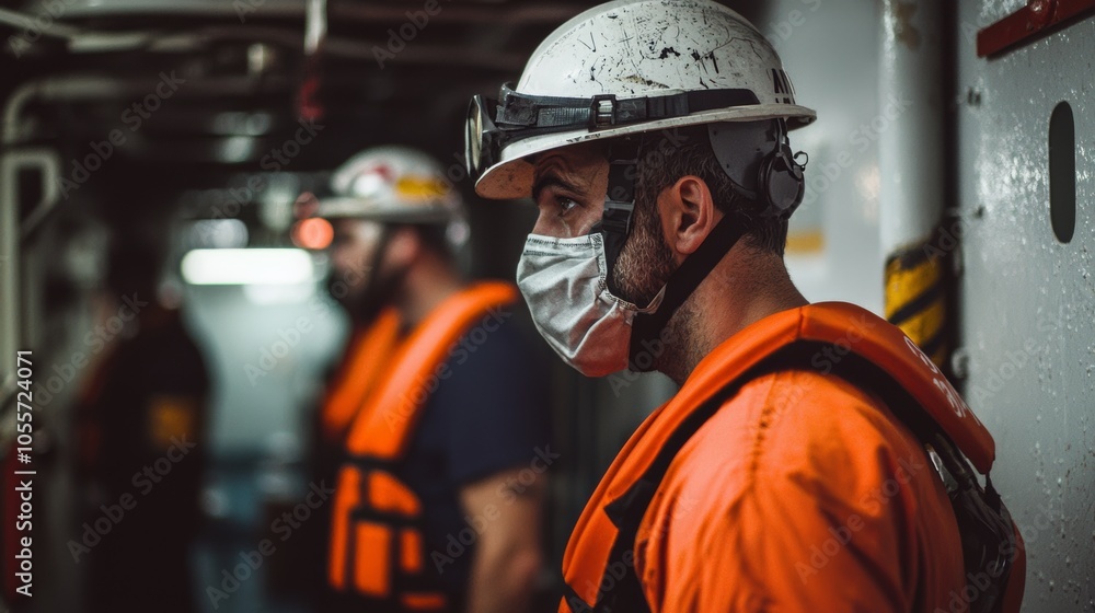 Fototapeta premium Underground Miners in Safety Gear and Masks