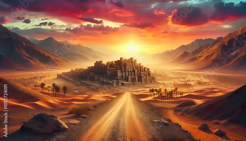 Fototapeta Naklejka Na Ścianę i Meble -  Majestic Desert Fortress at Golden Hour
