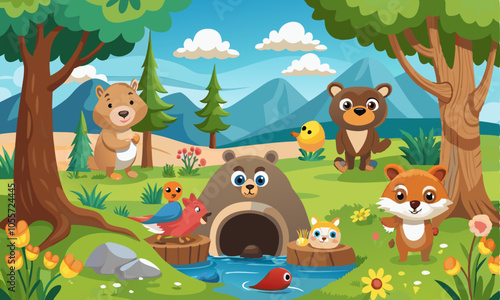 Download Cartoon Forest Animals In Wild Nature. Vector Illustration  . This Design Concept Isolated Premium Vector.  photo