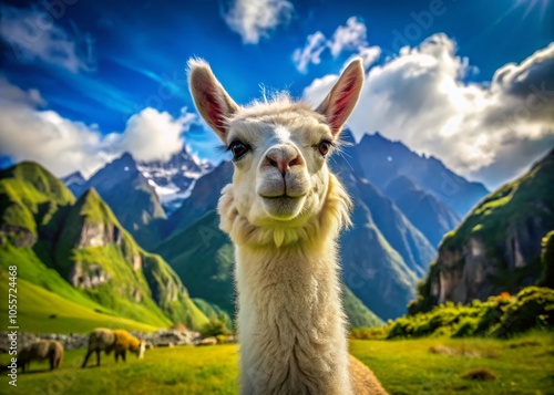 Alpaca Smiling in a Scenic Glass Field with Mountain Views and Clear Blue Sky - Nature Photography photo