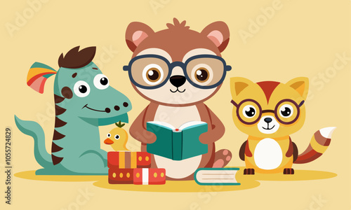 Download Icons Set Of Cute Cartoon Animals And Birds Reading Books.  Vector Illustration . This Design Concept Isolated Premium Vector.  photo