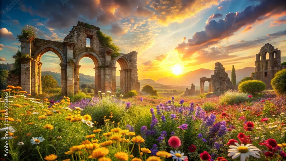 Naklejka premium Ancient Ruins Embraced by Colorful Wildflowers - Mystical Overgrowth in Historical Landscape