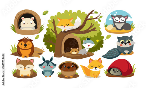 Download  Icons Set Of Forest Animals Sleep Or Hibernate In Tree Hole Houses Vector Illustration . This Design Concept Isolated Premium Vector. 