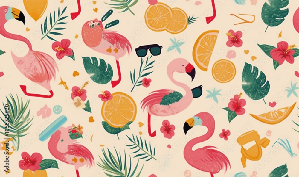 Tropical Flamingo Pattern with Fruits and Florals Tropical Flamingo Pattern with Fruits and Florals