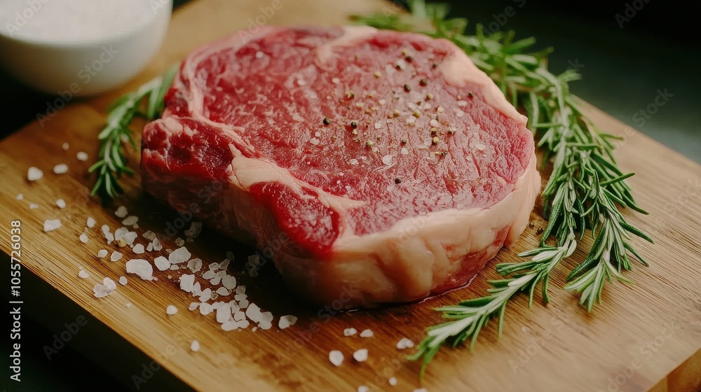 Raw Ribeye Steak with Sea Salt and Rosemary on Wooden Board Raw Ribeye Steak with Sea Salt and Rosemary on Wooden Board