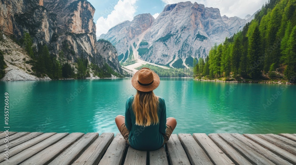 A woman sits on a wooden dock overlooking a serene lake with majestic mountains in the background, enjoying the tranquility of nature. A woman sits on a wooden dock overlooking a serene lake with majestic mountains in the background, enjoying the tranquility of nature.