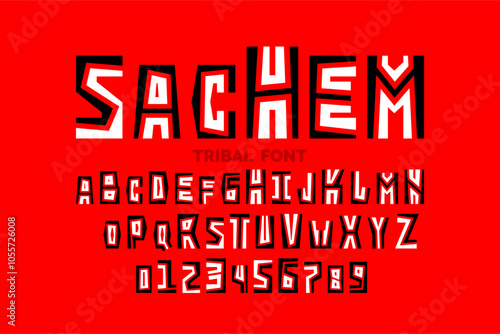 Sachem. Tribal ethnic style font design, alphabet letters and numbers, vector illustration