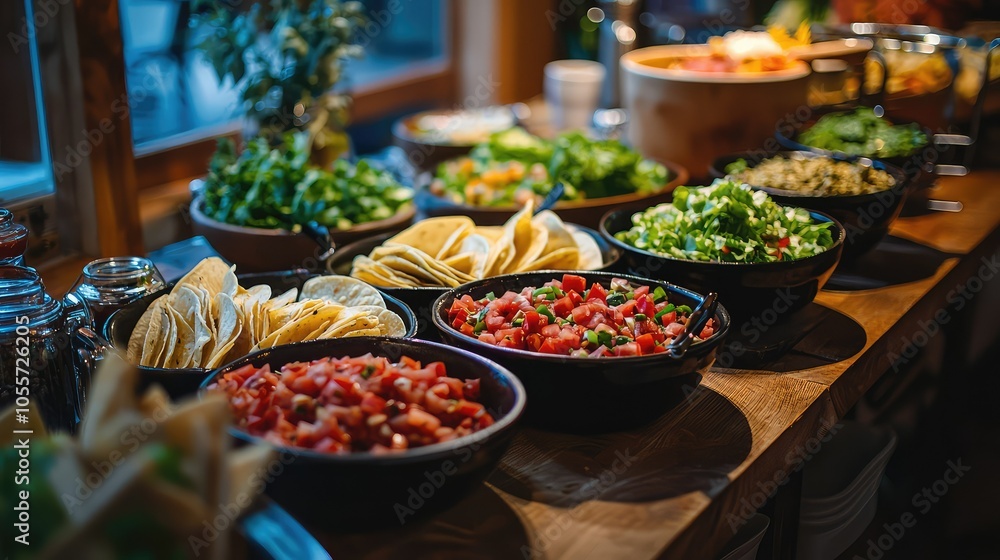 Fototapeta premium Vibrant Taco Bar with Fresh Ingredients and Colors