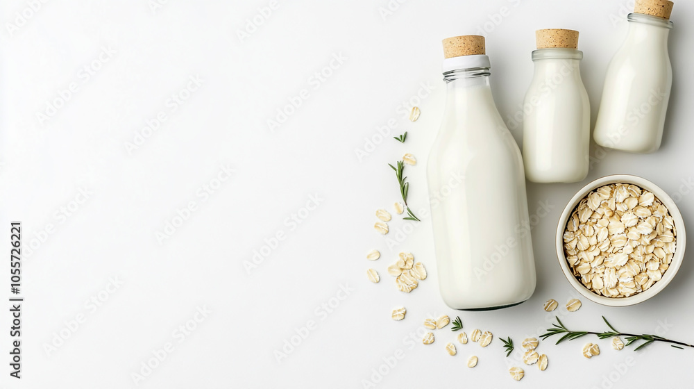 Artistic composition of milk bottles beside a bowl of oatmeal, set against a clean white background. Artistic composition of milk bottles beside a bowl of oatmeal, set against a clean white background.