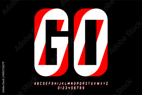 GO. Sport style font, alphabet letters and numbers vector illustration