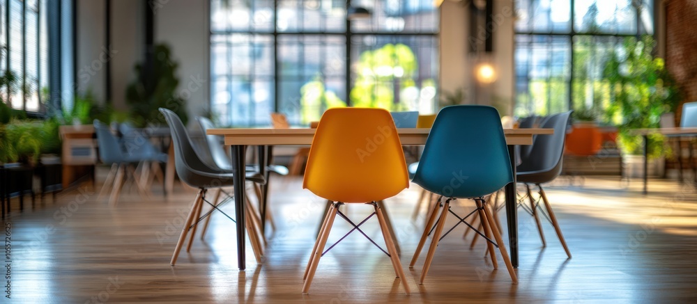 Fototapeta premium Colorful chairs around wooden table in modern office space.