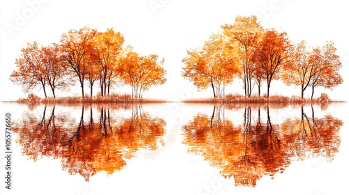 Autumn landscape with trees in orange and red colors reflecting on the water of a lake against a white background.