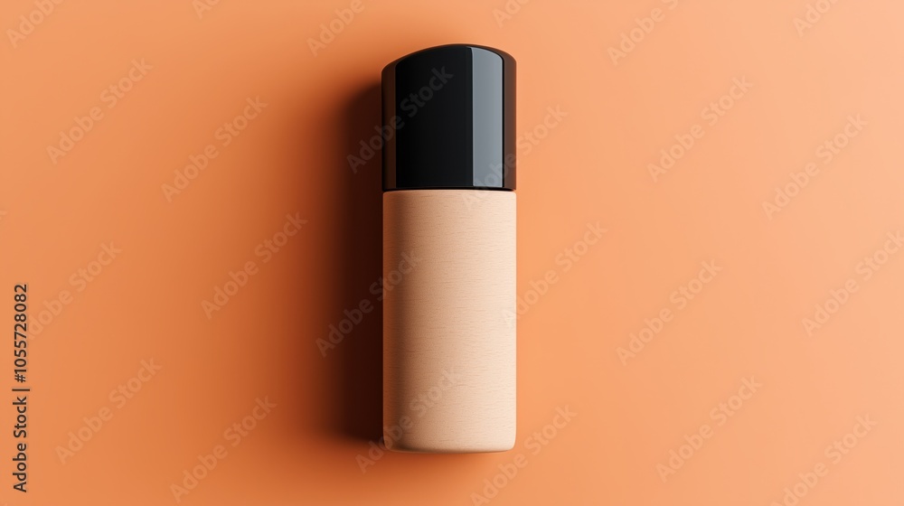 Minimalist design of a cylindrical bottle with black cap on orange background, featuring wood-like texture on the body for skincare or cosmetic product packaging. Minimalist design of a cylindrical bottle with black cap on orange background, featuring wood-like texture on the body for skincare or cosmetic product packaging.