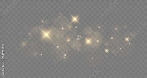 Christmas dust glowing bokeh confetti light and glitter texture overlay for your design. Festive sparkling gold dust png. Holiday powder dust for cards, invitations, banners.