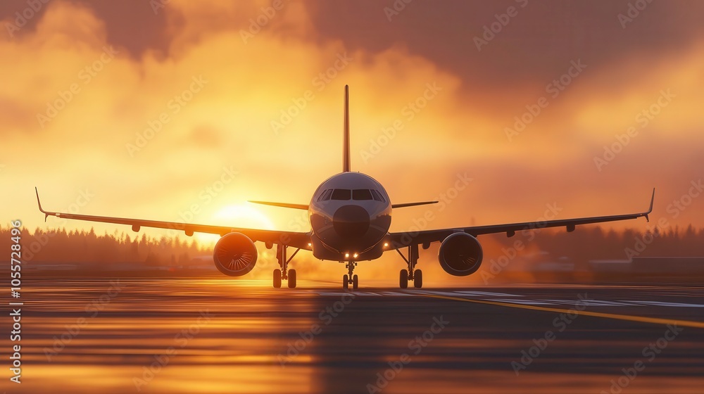 Airplane on runway during sunset, creating a dramatic silhouette. Airplane on runway during sunset, creating a dramatic silhouette.