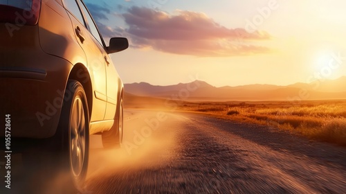 Car driving on a dusty road during sunset with scenic mountains in the background.