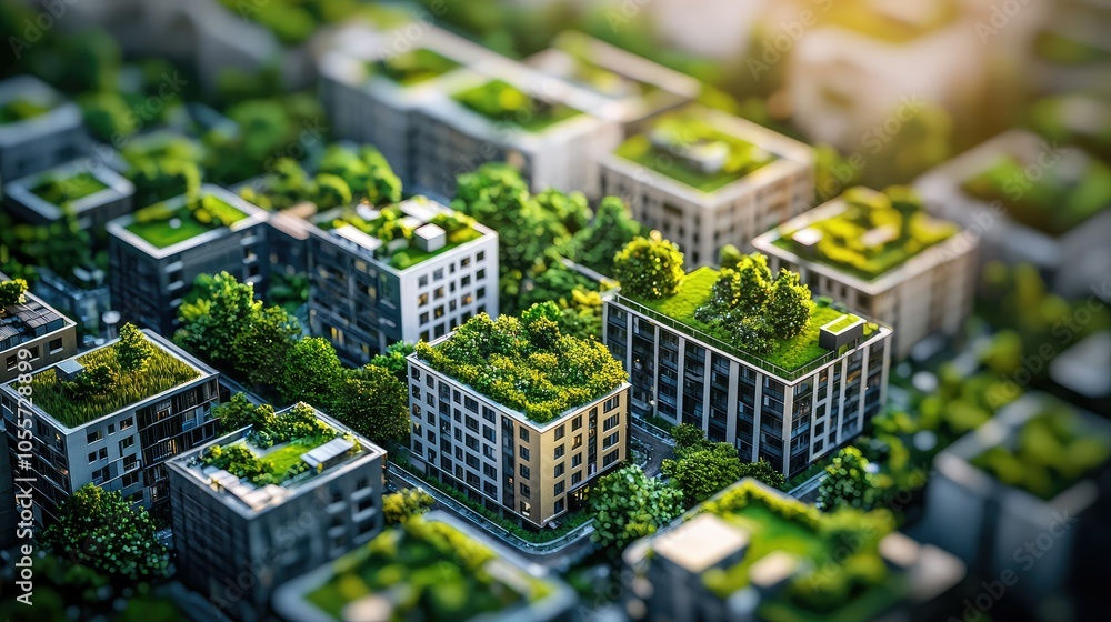 Obraz premium Vibrant 3D Cityscape with Green Rooftops