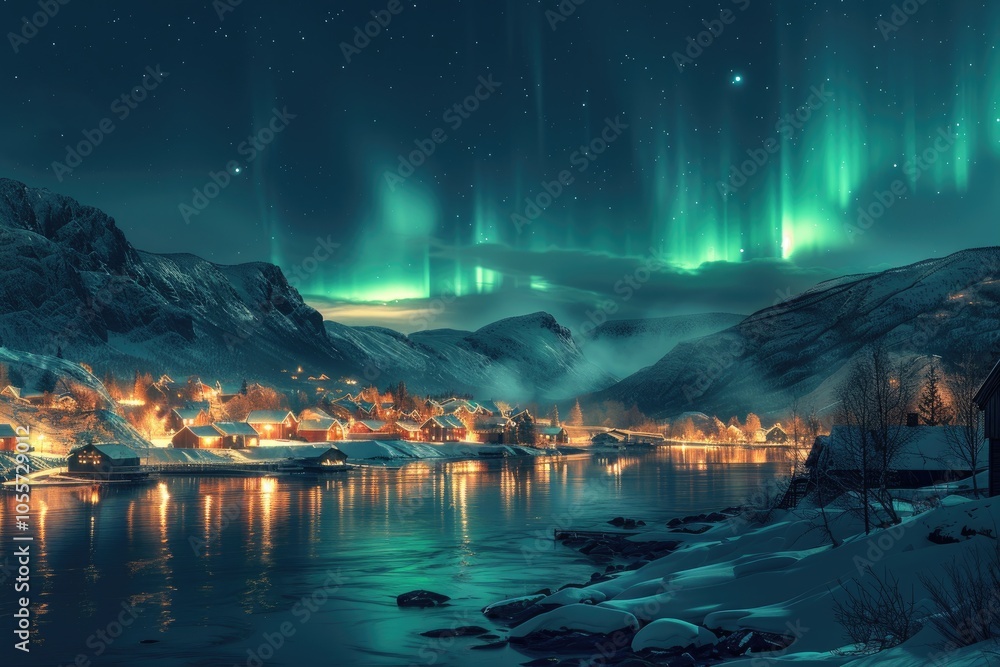 Aurora Borealis Illuminating a Snowy Village by a Lake Aurora Borealis Illuminating a Snowy Village by a Lake