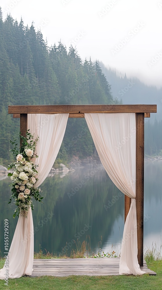 Rustic Wedding Arch with Floral Decor and Lake Backdrop Rustic Wedding Arch with Floral Decor and Lake Backdrop