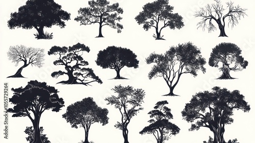 A collection of various tree silhouettes showcasing different shapes and forms.