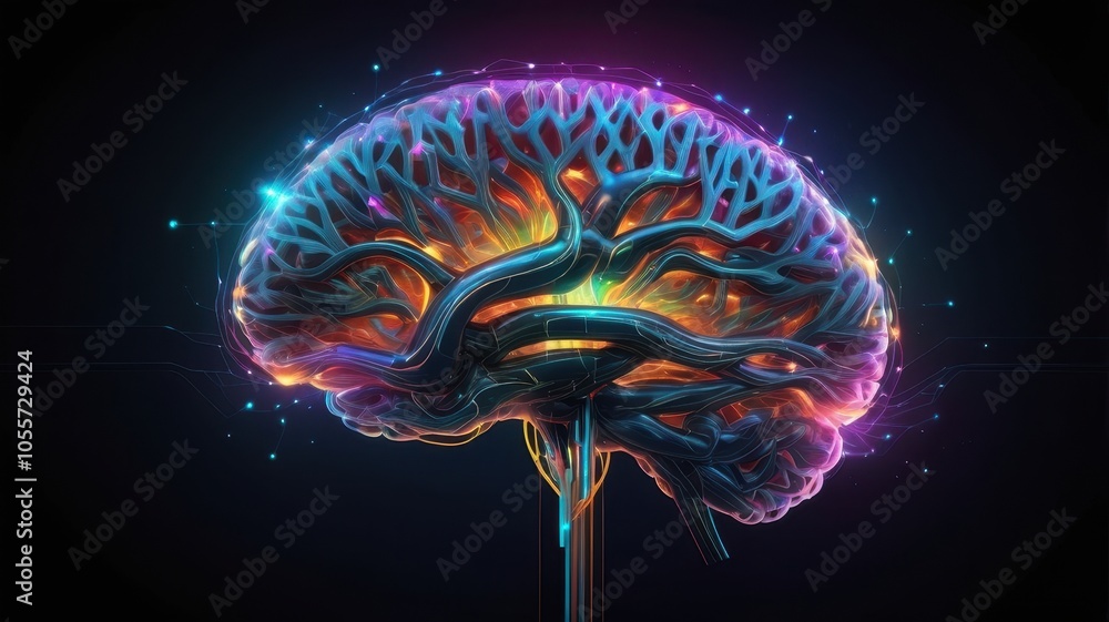 Colorful 3D visualization of human brain with neural connections and ...