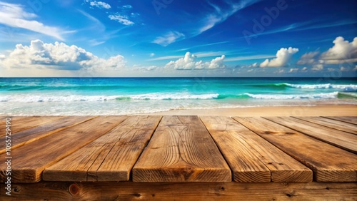 Rustic wooden tabletop with calming view of tranquil beach and turquoise ocean waves