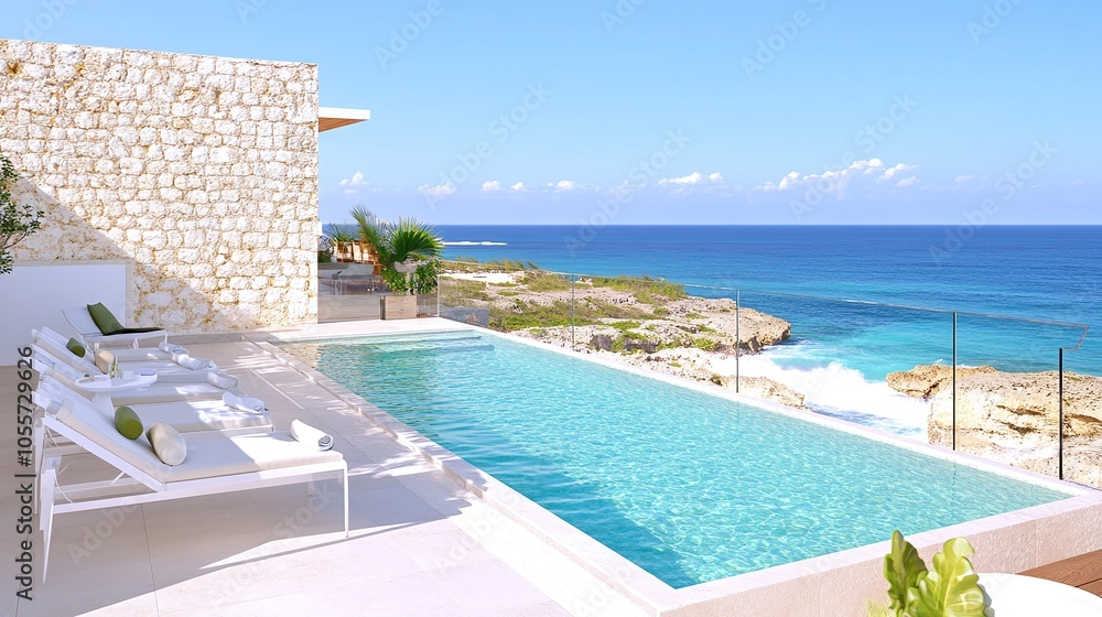 Rooftop with Infinity Pool and Ocean View: A penthouse rooftop featuring an infinity pool blending with the horizon, overlooking the ocean, with modern chaise lounges and glass railings for an open Rooftop with Infinity Pool and Ocean View: A penthouse rooftop featuring an infinity pool blending with the horizon, overlooking the ocean, with modern chaise lounges and glass railings for an open
