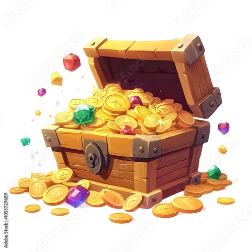 Cartoon treasure chest overflowing with gold coins on a white background. photo