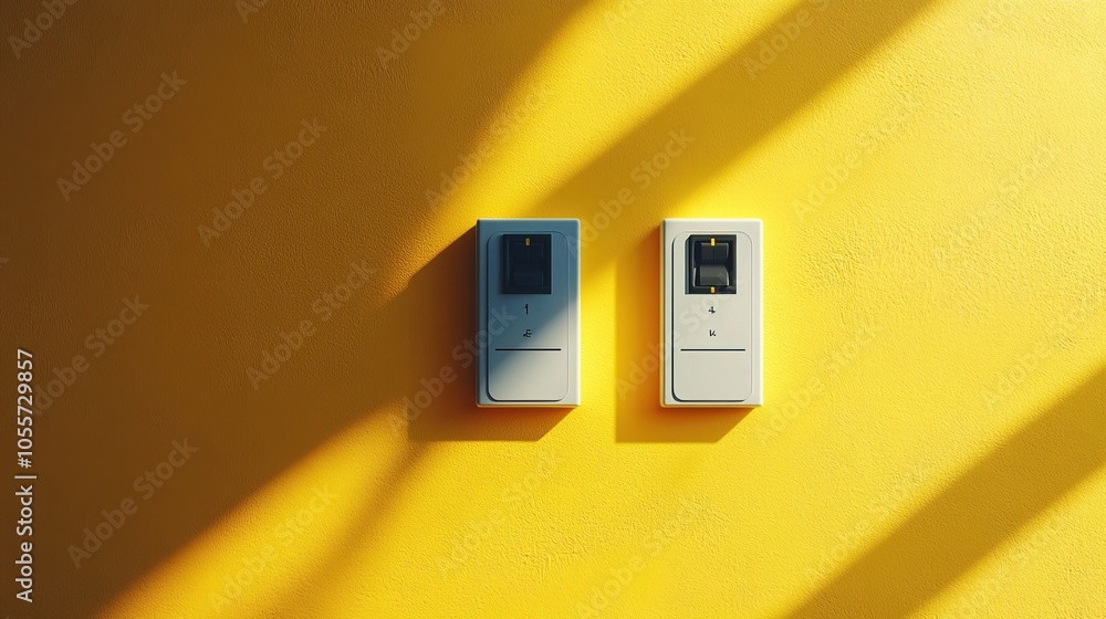 Two sleek power switches mounted on a vibrant yellow wall Two sleek power switches mounted on a vibrant yellow wall